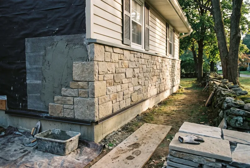 lath and scratch coat before the stone goes on