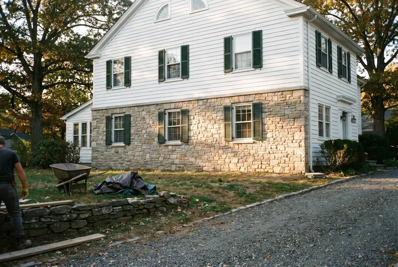 Fieldstone veneer facade on a white colonial in Stamford, CT